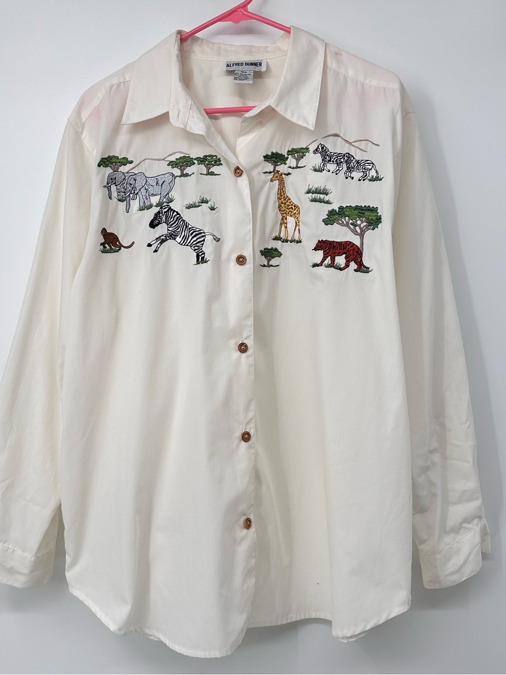 Embroidered Safari Animal Button-Up Shirt - Cream